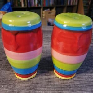 FSG Ceramic Salt and Pepper Shakers Set Multicolor Striped Bongo Design